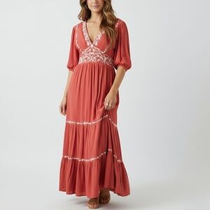 Baltic Born Embroidered Maxi Dress | Terracotta Medium | Boho Prairie